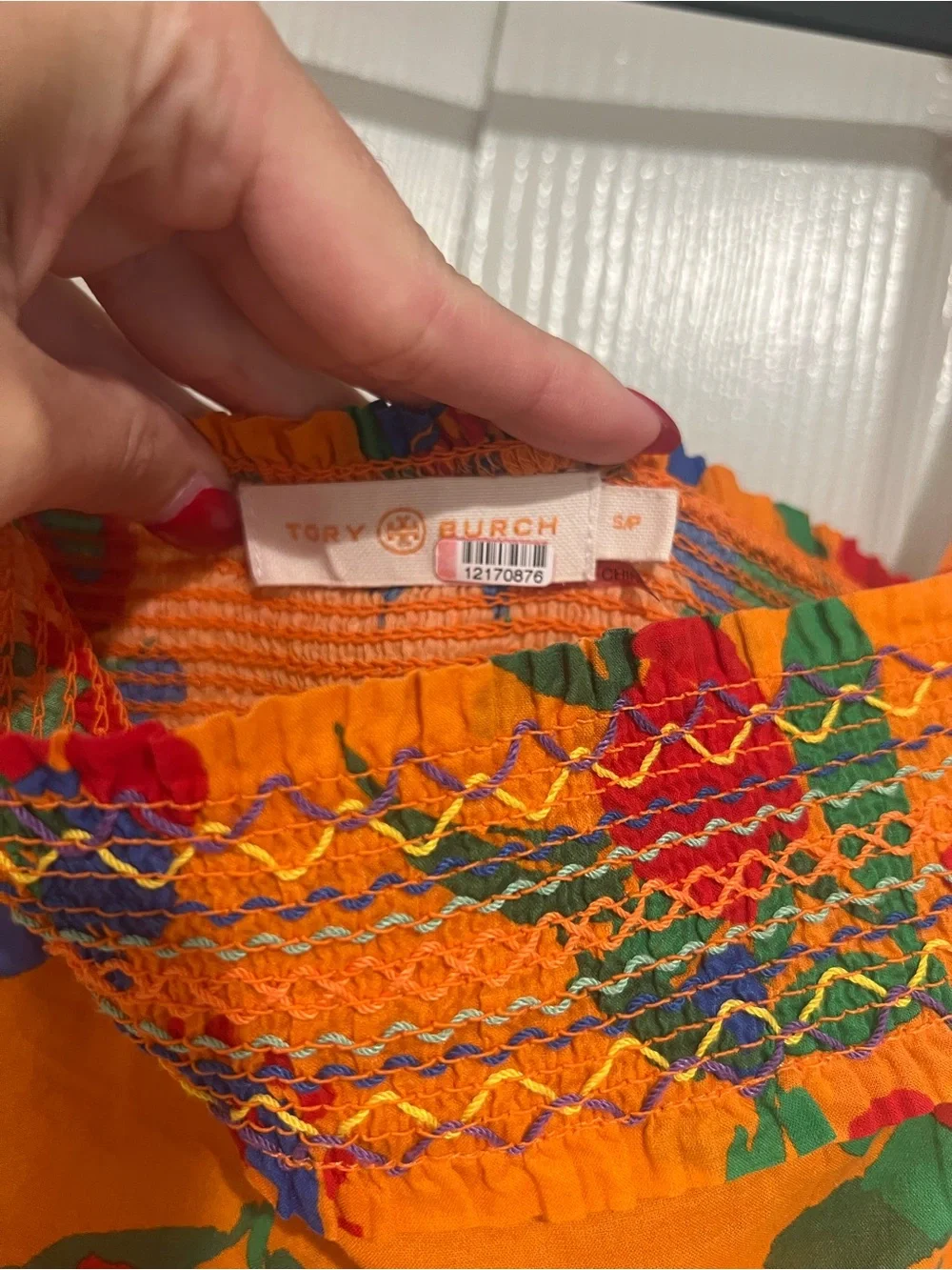 Tory Burch Orange Floral Smocked Tie-Shoulder Maxi Dress
